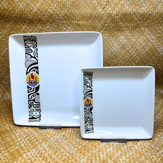 Assiette carrée - Frise Tiki Polynésiens